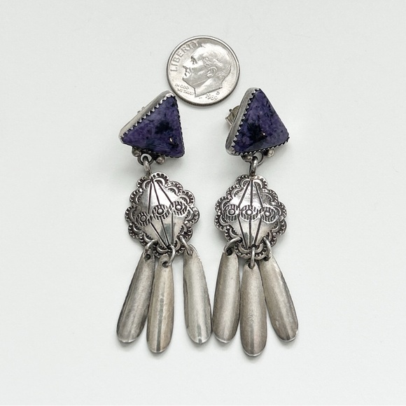 Vintage Richard Begay Navajo Charoite Sterling Silver Concho Earrings - Picture 8 of 14